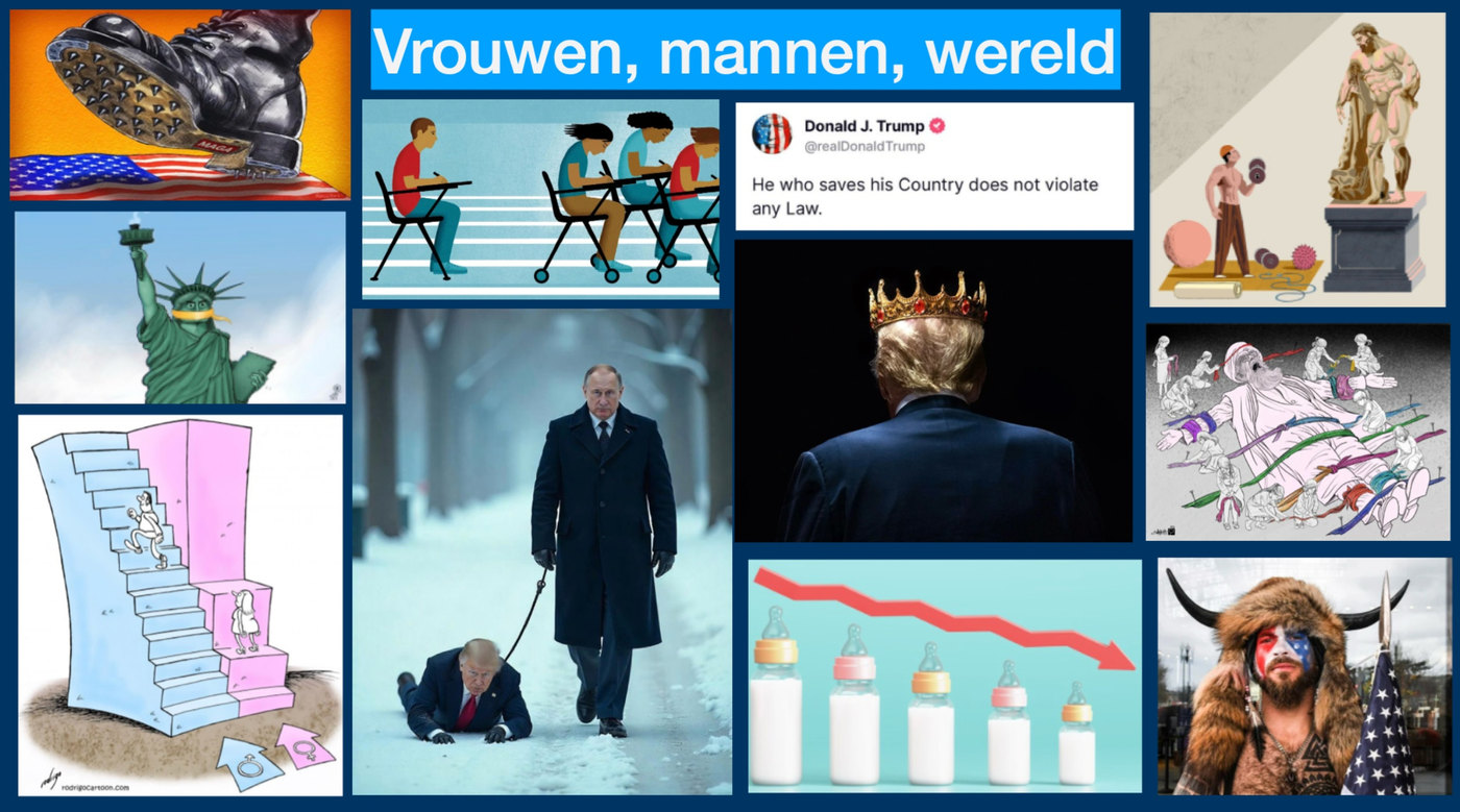 Beeldcollage uit de presentatie met de titel &lsquo;Vrouwen, mannen, wereld&rsquo;: politieke cartoons, nieuwsfoto&rsquo;s en illustraties over gender, macht en Amerikaanse politiek