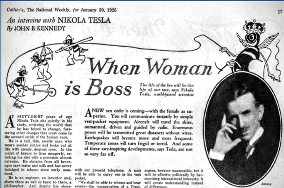 Pagina uit Collier's van 30 januari 1926 met het interview met Nikola Tesla, ‘When Woman is Boss’